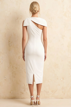 Henrietta White Asymmetric Neck Midi Dress With Bow