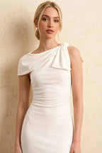 Henrietta White Asymmetric Neck Midi Dress With Bow