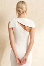 Henrietta White Asymmetric Neck Midi Dress With Bow