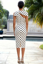 Henrietta White Polka Dot Asymmetric Neck Midi Dress With Bow