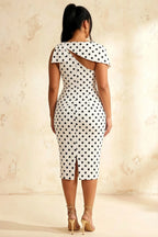 Henrietta White Polka Dot Asymmetric Neck Midi Dress With Bow