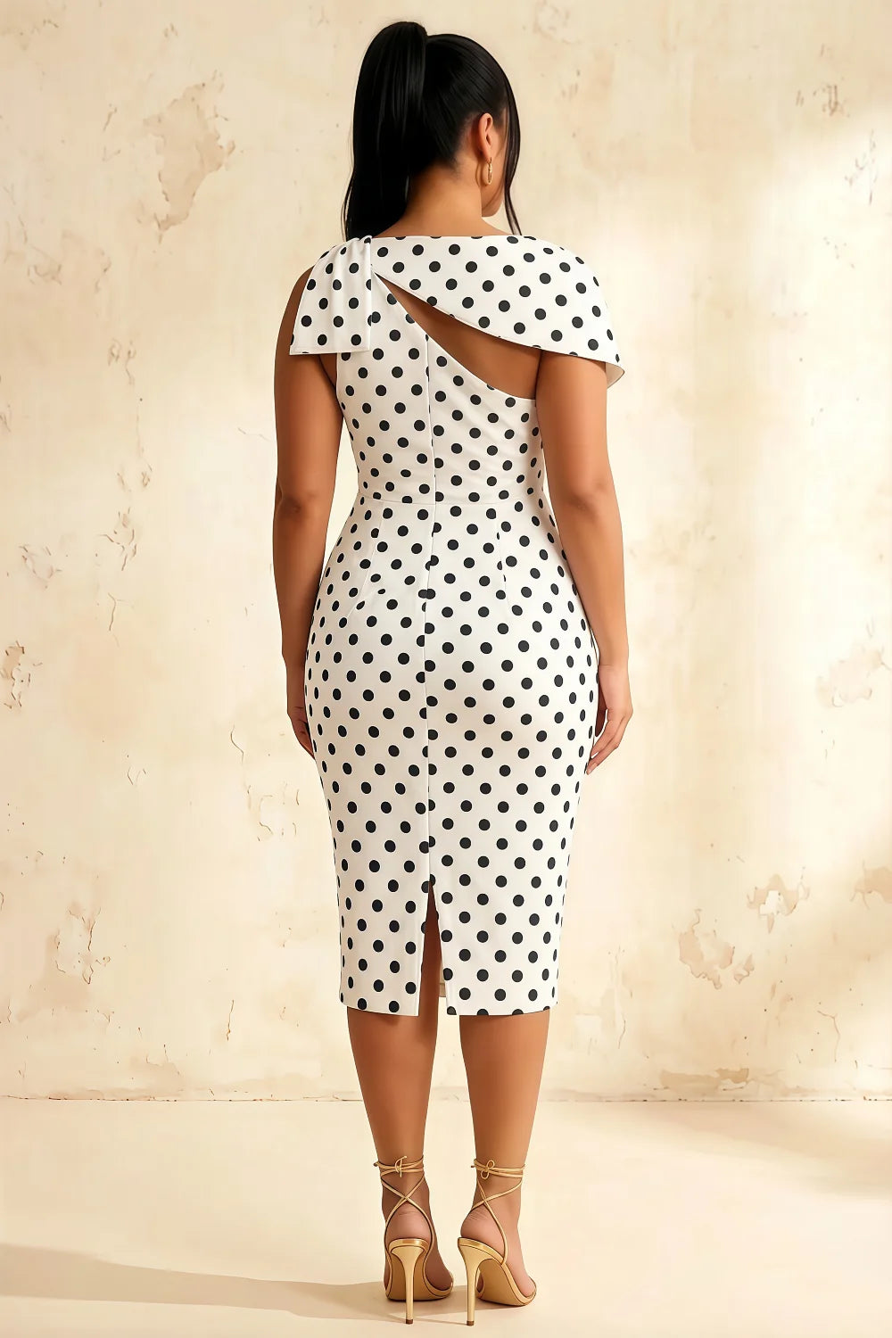 Vestido midi Henrietta con cuello asimétrico de lunares blancos y lazo
