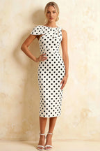 Henrietta White Polka Dot Asymmetric Neck Midi Dress With Bow