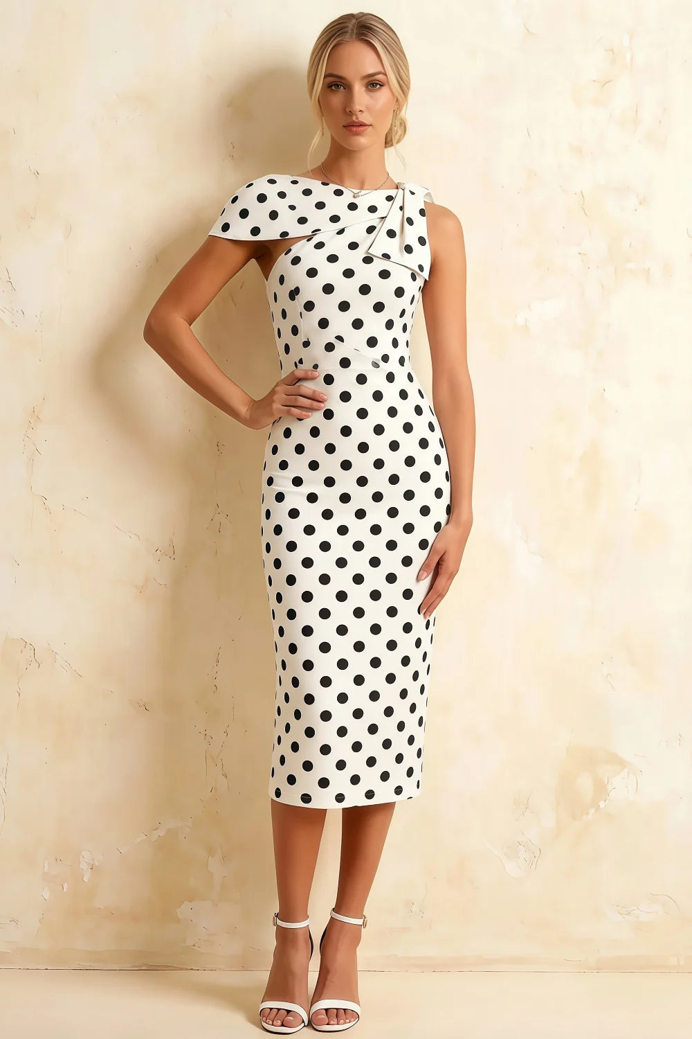 Vestido midi Henrietta con cuello asimétrico de lunares blancos y lazo