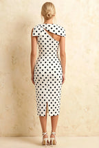 Henrietta White Polka Dot Asymmetric Neck Midi Dress With Bow