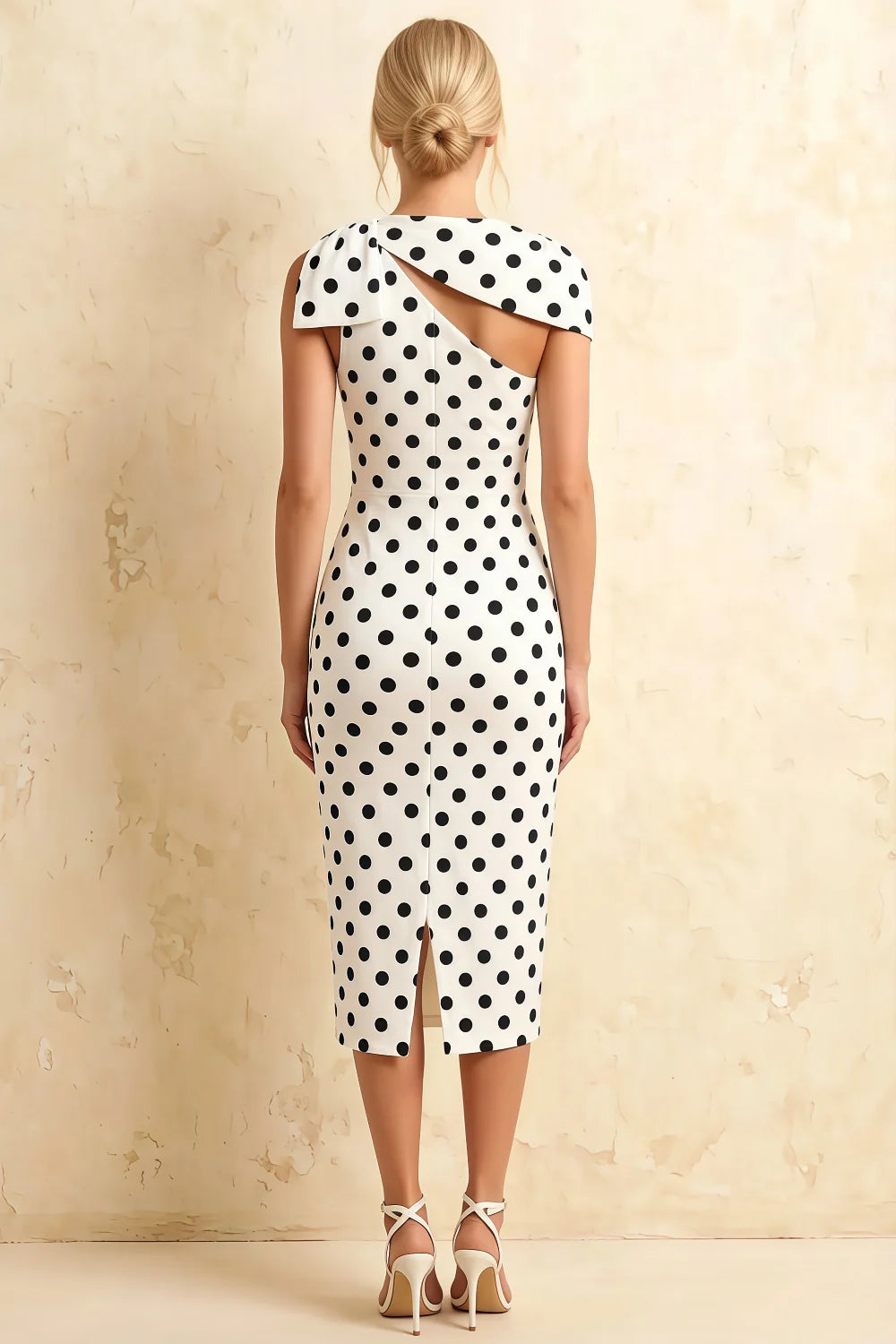 Henrietta White Polka Dot Asymmetric Neck Midi Dress With Bow