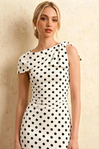 Henrietta White Polka Dot Asymmetric Neck Midi Dress With Bow