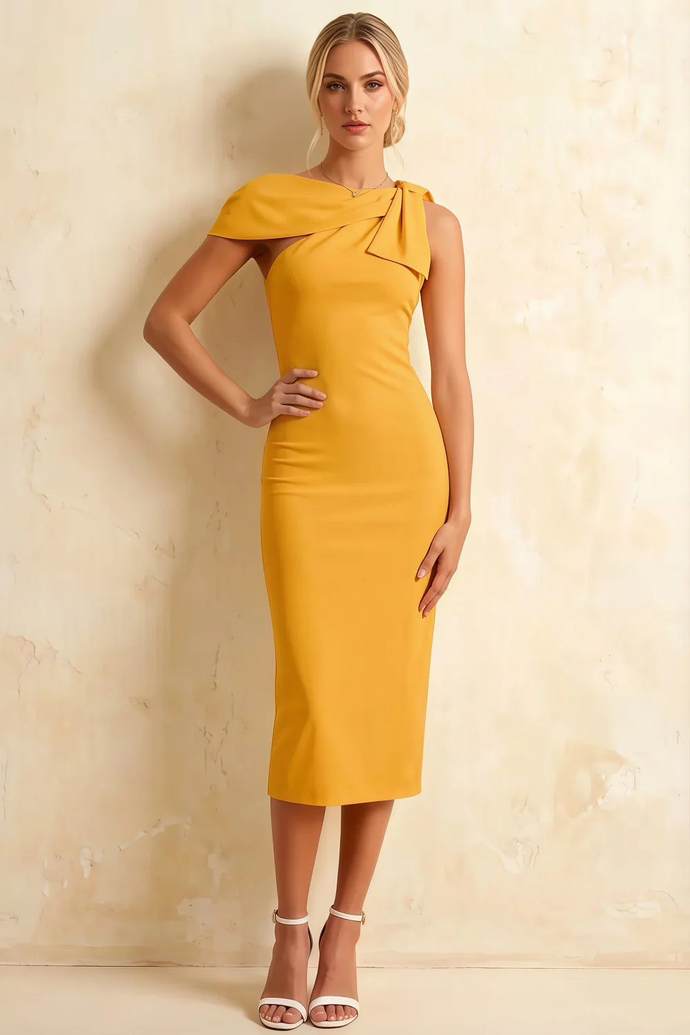 Henrietta Yellow Asymmetric Neck Midi Dress With Bow