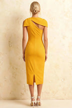 Henrietta Yellow Asymmetric Neck Midi Dress With Bow