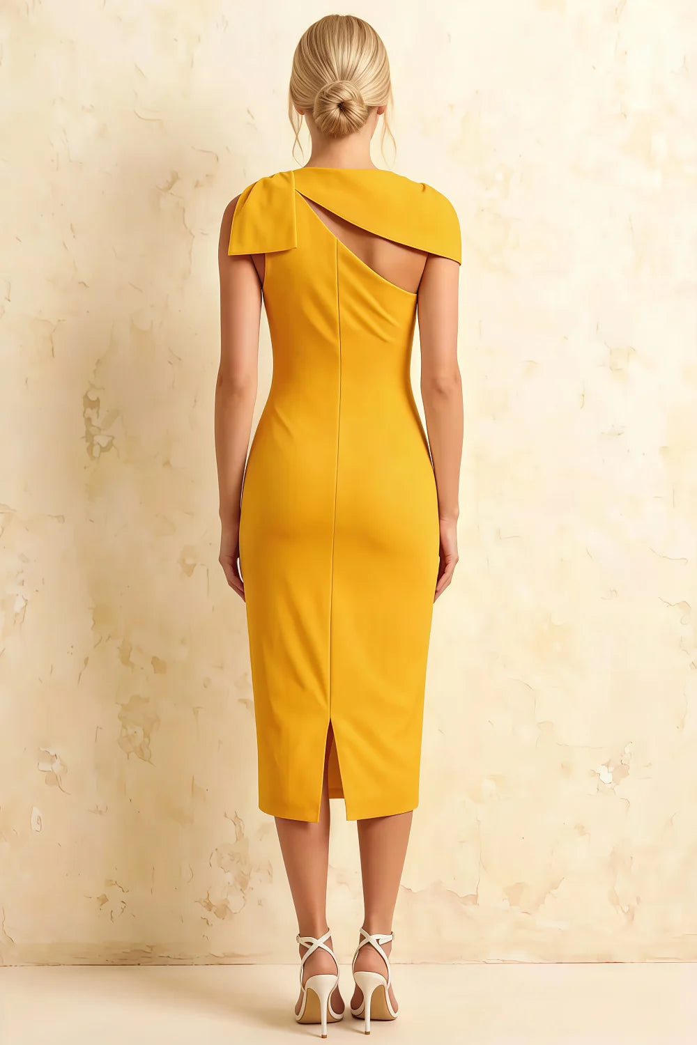 Henrietta Yellow Asymmetric Neck Midi Dress With Bow