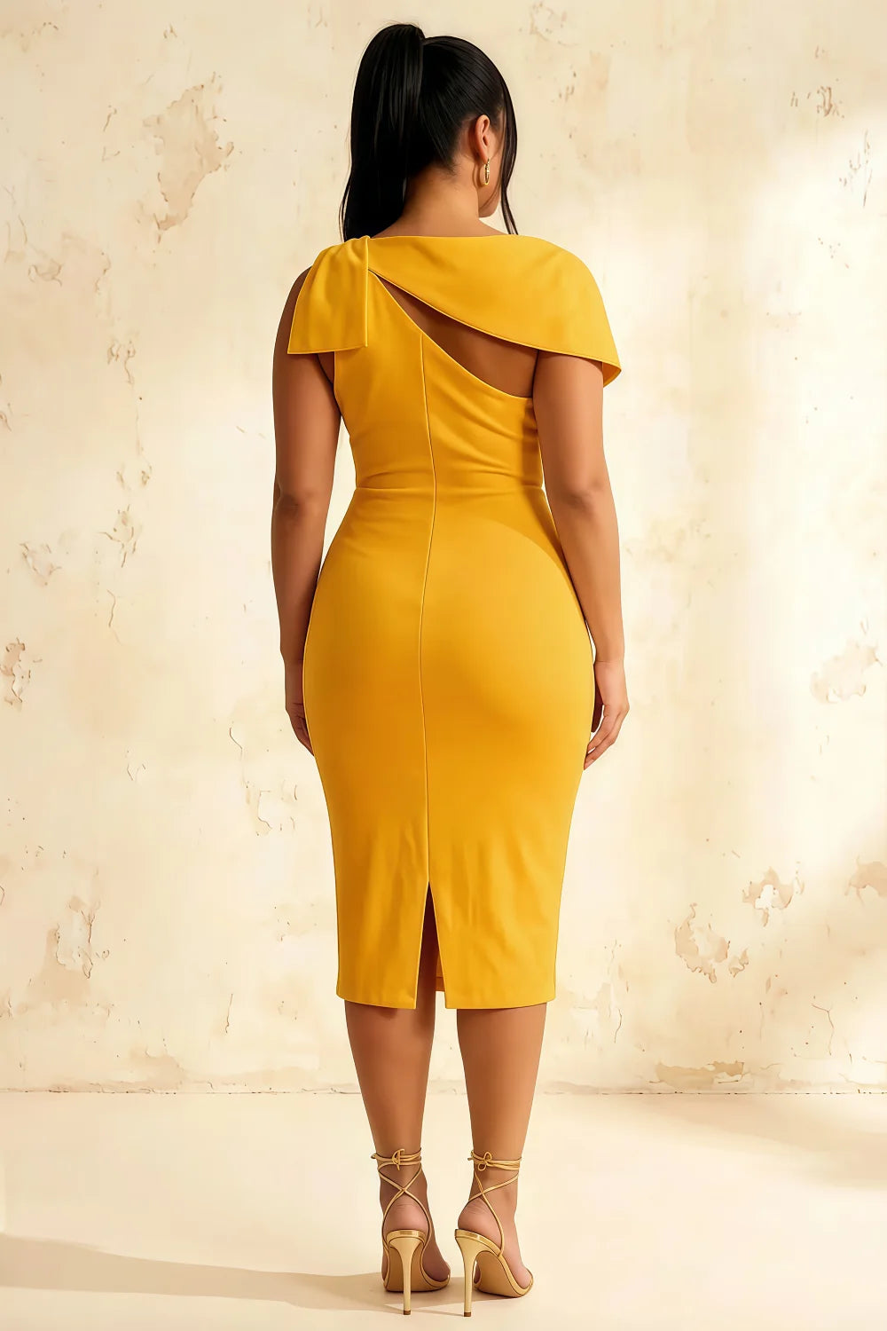 Henrietta Yellow Asymmetric Neck Midi Dress With Bow