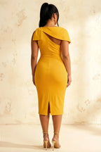 Henrietta Yellow Asymmetric Neck Midi Dress With Bow