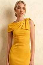 Henrietta Yellow Asymmetric Neck Midi Dress With Bow