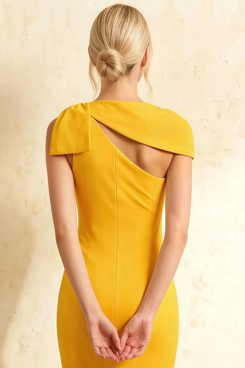 Henrietta Yellow Asymmetric Neck Midi Dress With Bow
