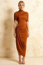 Holly Bronze Mermaid Twisted Cape Midi Dress