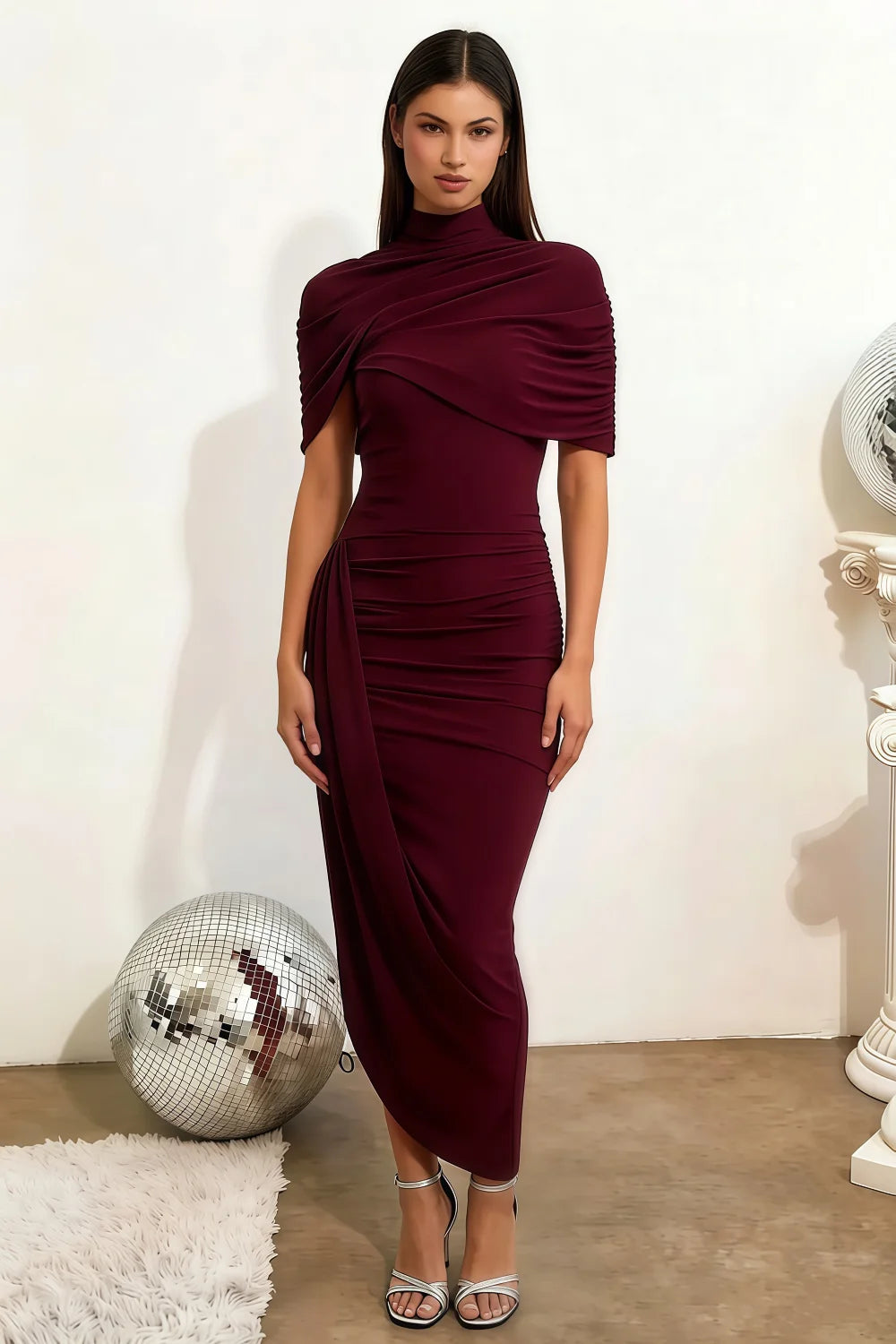 Holly Burgundy Mermaid Twisted Cape Midi Dress