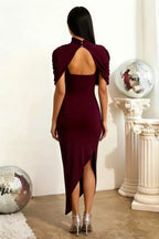 Holly Burgundy Mermaid Twisted Cape Midi Dress
