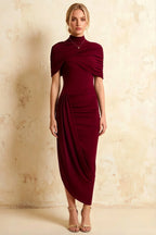 Holly Burgundy Mermaid Twisted Cape Midi Dress