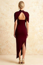 Holly Burgundy Mermaid Twisted Cape Midi Dress