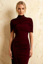 Holly Burgundy Mermaid Twisted Cape Midi Dress