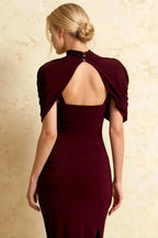 Holly Burgundy Mermaid Twisted Cape Midi Dress