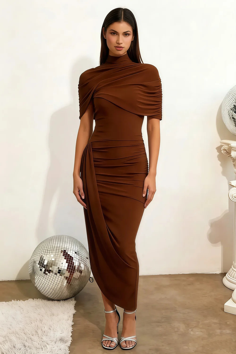 Holly Coffee Mermaid Twisted Cape Midi Dress