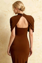 Holly Coffee Mermaid Twisted Cape Midi Dress