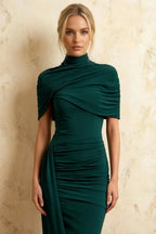 Holly Emerald Mermaid Twisted Cape Midi Dress