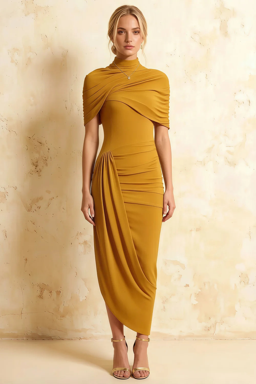 Holly Golden Mermaid Twisted Cape Midi Dress