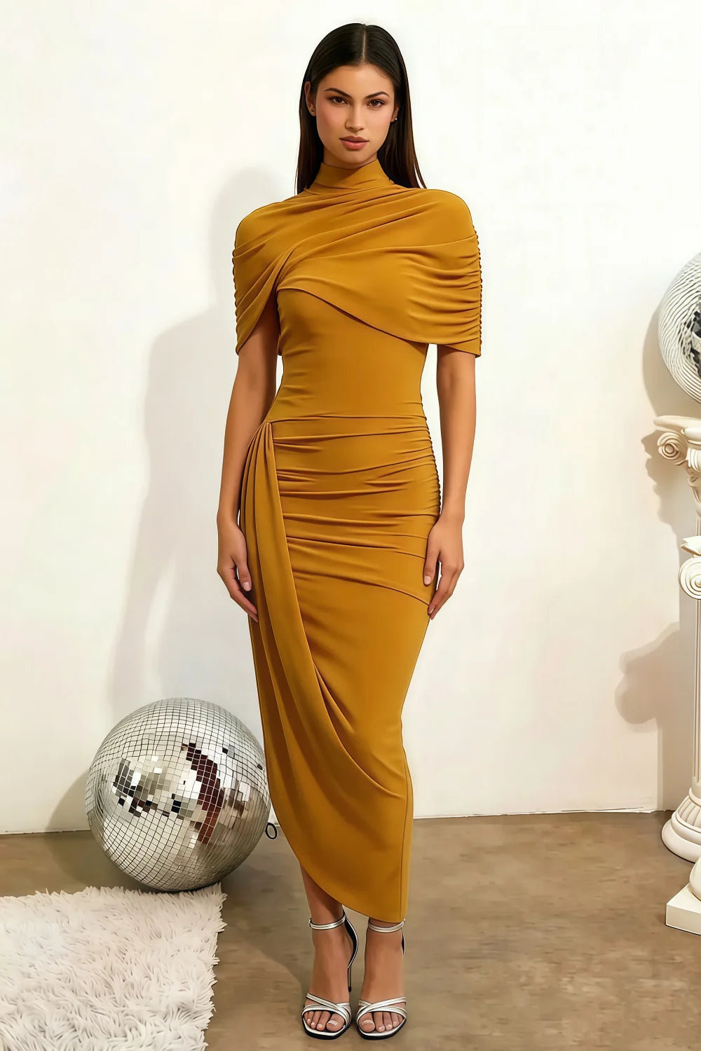 Holly Golden Mermaid Twisted Cape Midi Dress