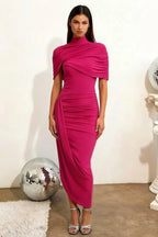 Holly Hot Pink Mermaid Twisted Cape Midi Dress