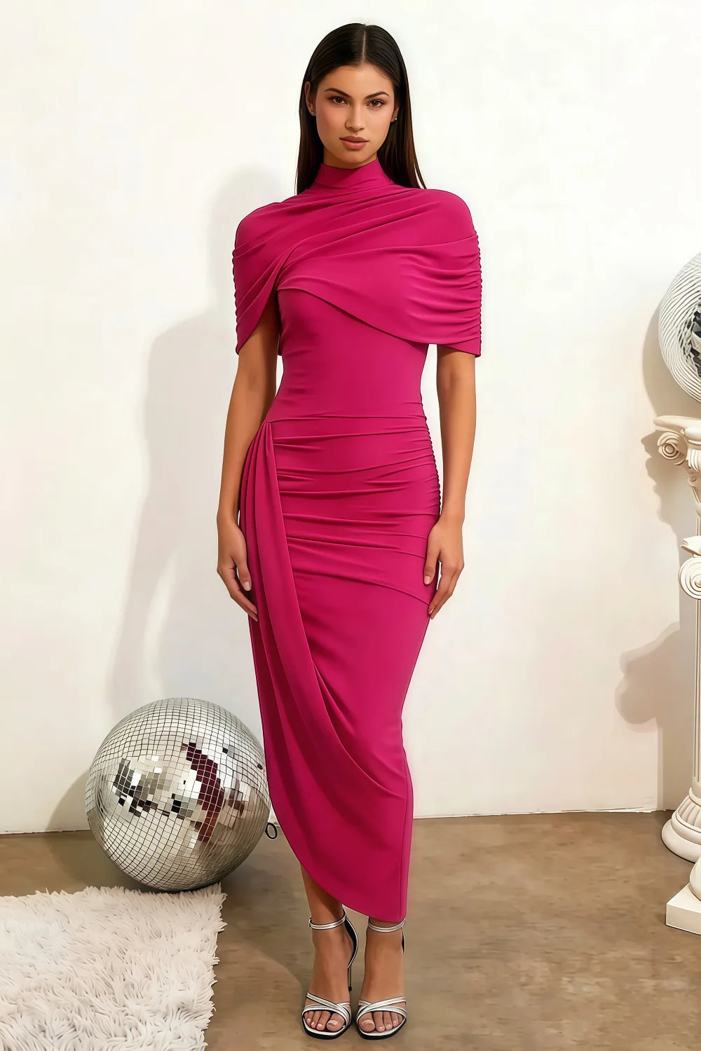 Holly Hot Pink Mermaid Twisted Cape Midi Dress