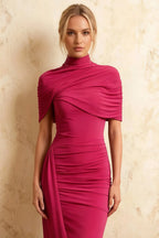 Holly Hot Pink Mermaid Twisted Cape Midi Dress
