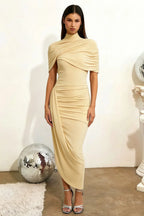 Holly Light Yellow Mermaid Twisted Cape Midi Dress