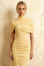 Holly Light Yellow Mermaid Twisted Cape Midi Dress