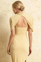 Holly Light Yellow Mermaid Twisted Cape Midi Dress