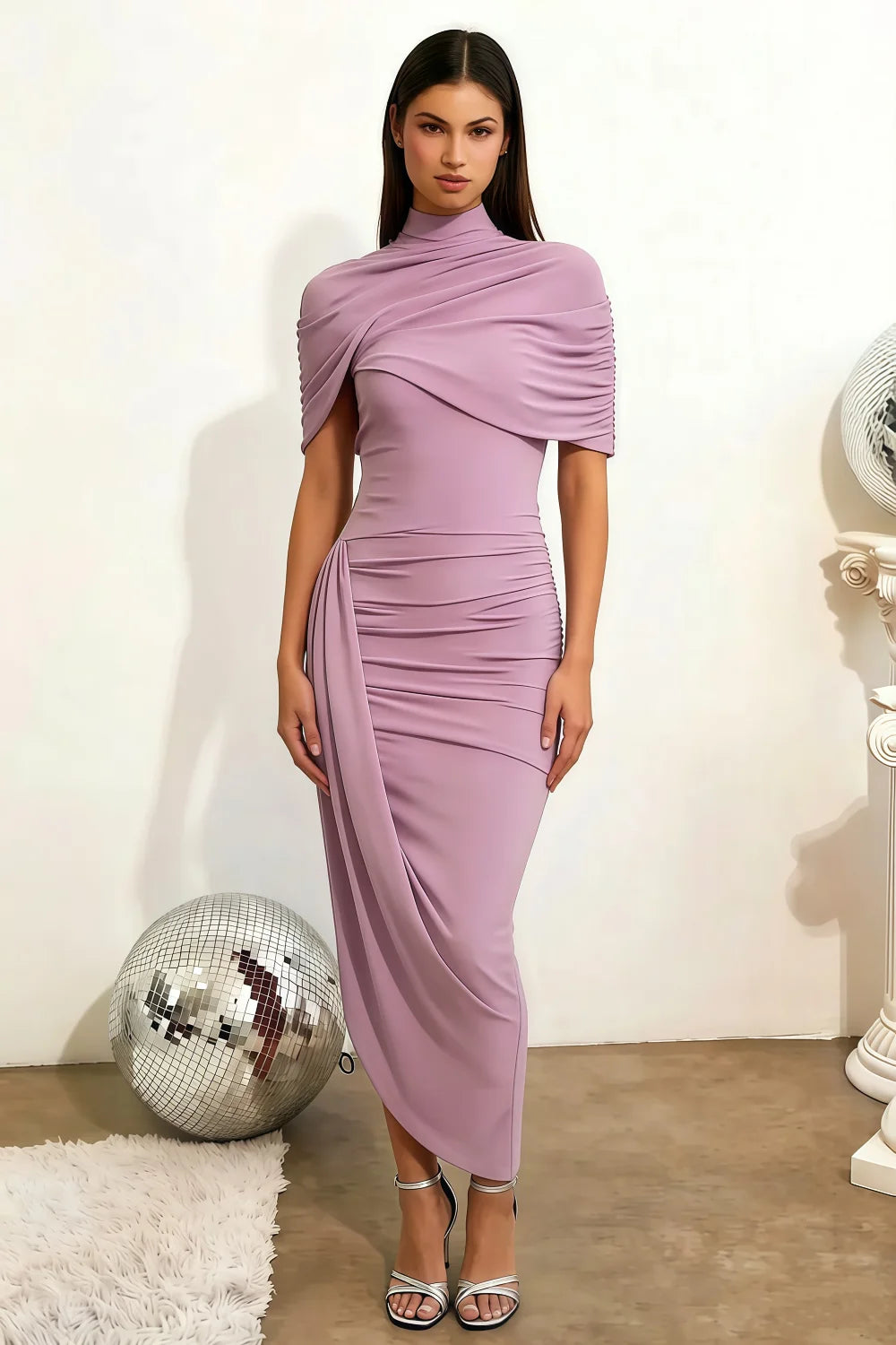 Vestido Midi Holly Lilac Mermaid con Capa Retorcida