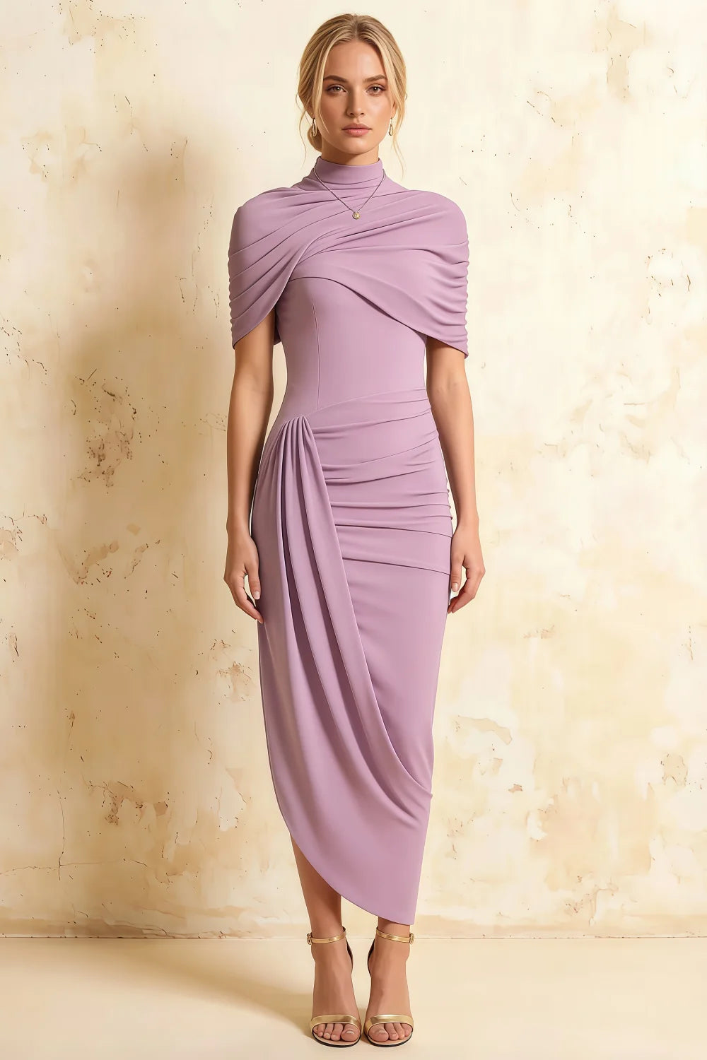 Vestido Midi Holly Lilac Mermaid con Capa Retorcida