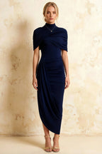 Holly Navy Mermaid Twisted Cape Midi Dress