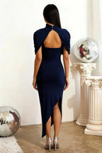 Holly Navy Mermaid Twisted Cape Midi Dress