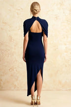 Holly Navy Mermaid Twisted Cape Midi Dress