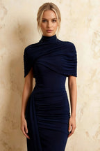 Holly Navy Mermaid Twisted Cape Midi Dress