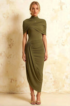 Holly Olive Mermaid Twisted Cape Midi Dress