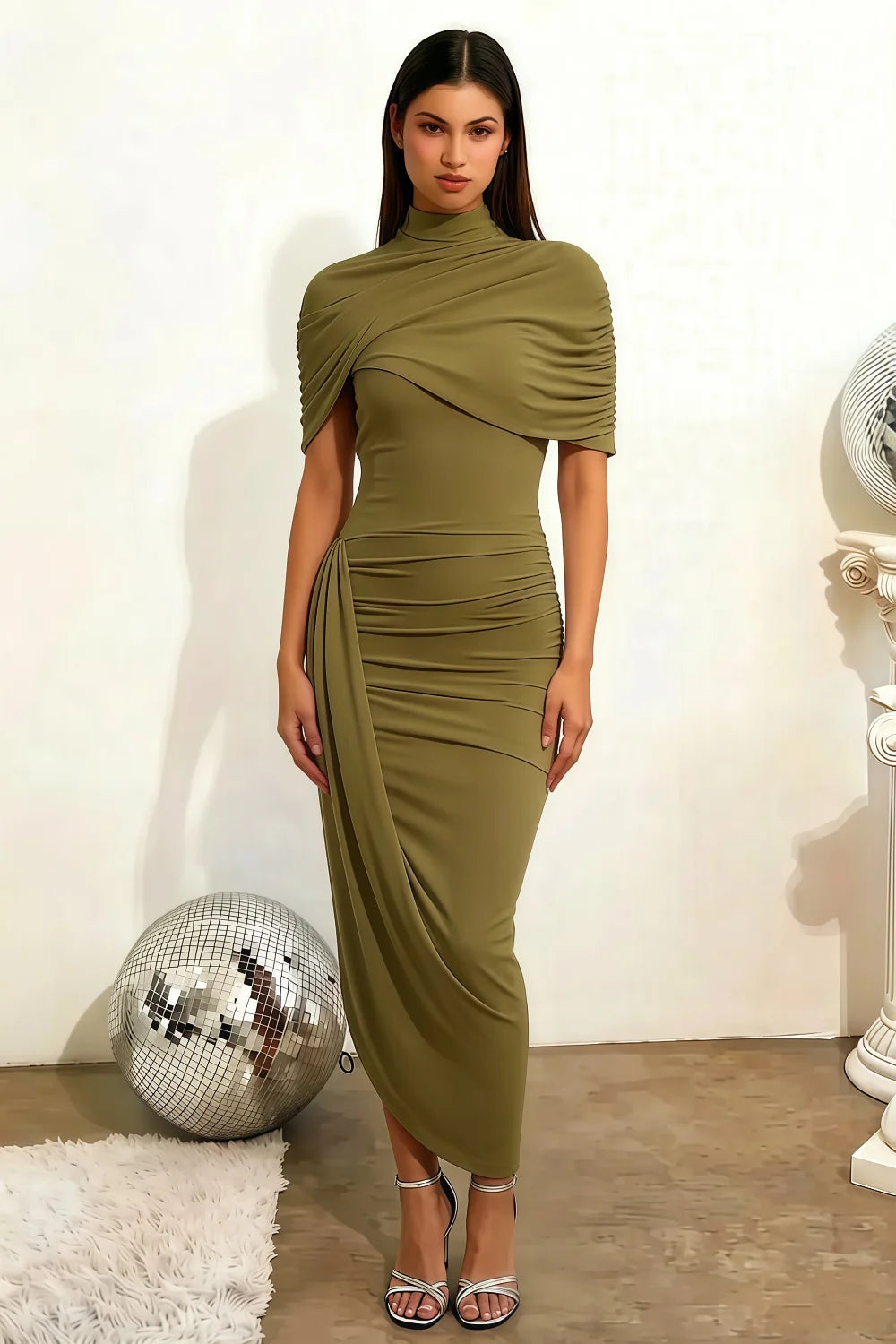 Holly Olive Mermaid Twisted Cape Midi Dress Secondary image