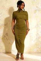 Holly Olive Mermaid Twisted Cape Midi Dress
