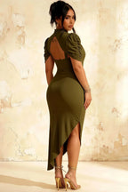 Holly Olive Mermaid Twisted Cape Midi Dress