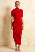 Holly Red Mermaid Twisted Cape Midi Dress
