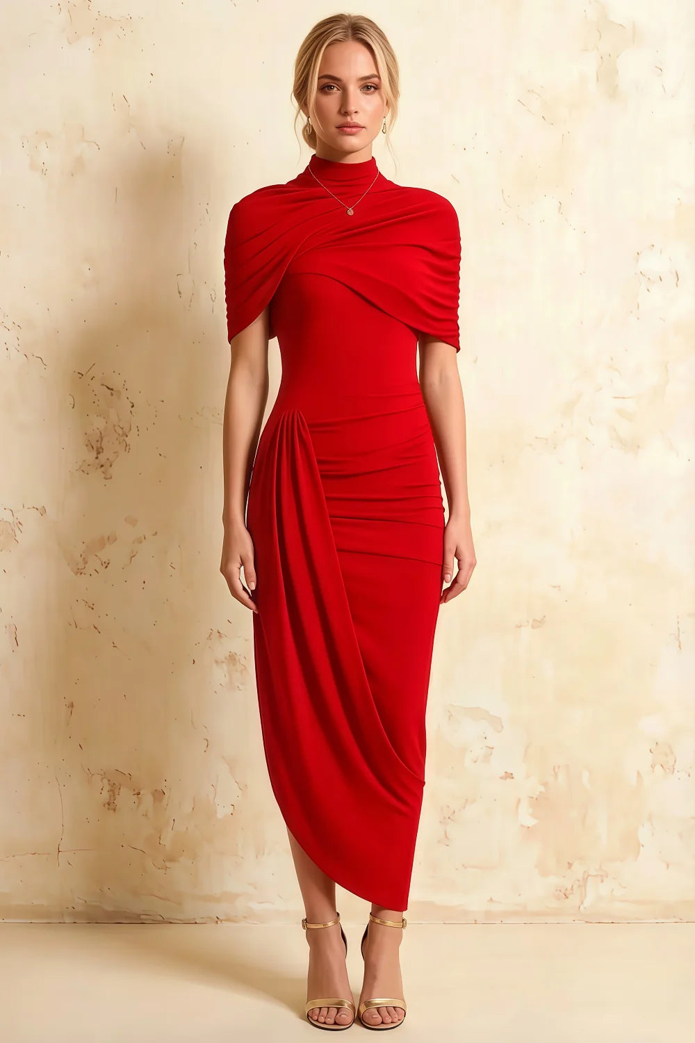 Vestido midi con capa retorcida de cola de sirena en rojo Holly