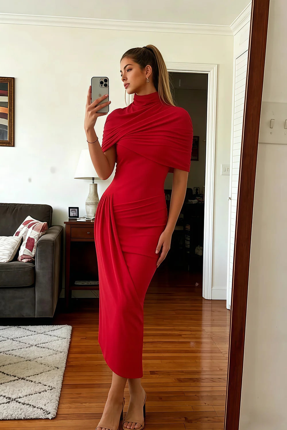 Vestido midi con capa retorcida de cola de sirena en rojo Holly
