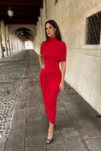 Holly Red Mermaid Twisted Cape Midi Dress